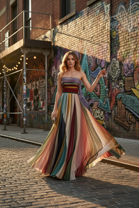 Multicolored strapless dress with a white background