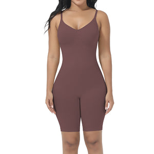 Beige shapewear bodysuit worn by a model on a white background